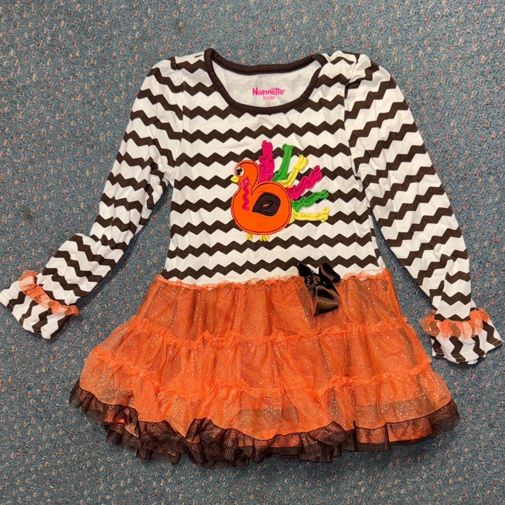 Nannette Chevron Dress with Turkey Appliqué